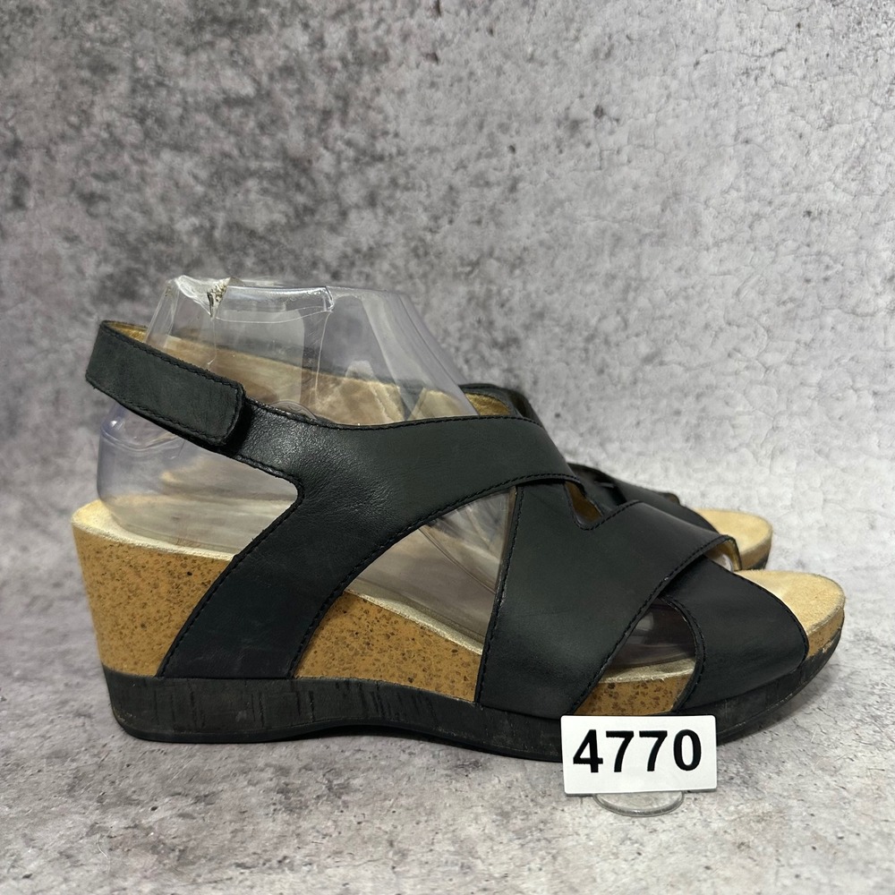 Dansko Shyla Wedge Sandals Women Size 39 US 8.5-9 Black Leather Strappy Sling